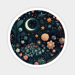 Celestial Bohemian Flowers Aesthetic Design Stars Moon Floral Cosmic Pattern Magnet